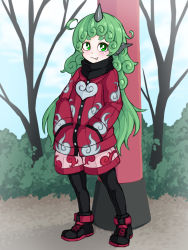 Rule 34 | 1girl, :3, adapted costume, animal ears, black footwear, black pantyhose, bright pupils, cloud print, commentary request, curly hair, day, fang, fang out, full body, green eyes, green hair, hands in pockets, highres, horns, jacket, jakomurashi, komano aunn, long hair, looking at viewer, outdoors, pantyhose, pink shorts, red jacket, shoes, short eyebrows, shorts, single horn, smile, solo, standing, thick eyebrows, touhou, tree, turtleneck