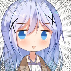 Rule 34 | 1girl, :d, bad id, bad pixiv id, blue eyes, blue hair, blush, brown jacket, chinomaron, commentary request, dress, emphasis lines, gochuumon wa usagi desu ka?, hair between eyes, hair ornament, halterneck, jacket, jitome, kafuu chino, long hair, looking at viewer, open mouth, simple background, smile, solo, white background, white dress, x hair ornament