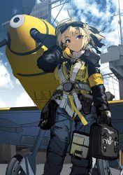 Rule 34 | 1girl, adjusting hair, aircraft, aircraft carrier, bag, bf 109, blonde hair, blue sky, clipboard, cloud, day, from below, goggles, goggles on head, harness, landing gear, looking at viewer, luftwaffe, military, military vehicle, original, propeller, red eyes, satchel, ship, siqi (miharuu), sketch, sky, smile, solo, warship, watercraft