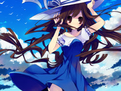 Rule 34 | 1girl, arms up, bad id, bad pixiv id, bird, blush, brown eyes, brown hair, cloud, day, dress, female focus, hat, long hair, open mouth, original, outdoors, rugo, sky, solo, sun hat, wavy hair, wind