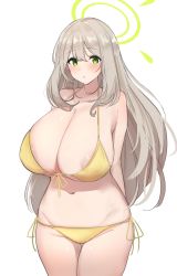 Rule 34 | 1girl, absurdres, areola slip, arms behind back, bikini, blue archive, blush, bra, breasts, cleavage, collarbone, cowboy shot, front-tie bikini top, front-tie top, green eyes, halo, halterneck, highres, huge breasts, long hair, looking at viewer, navel, nonomi (blue archive), nonomi (swimsuit) (blue archive), panties, side-tie bikini bottom, side-tie panties, simple background, solo, string bikini, swimsuit, underwear, wanwangiogio, white background, yellow bikini, yellow bra, yellow panties