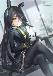 Rule 34 | 1girl, absurdres, black gloves, black hair, black jacket, black pantyhose, black shirt, collared shirt, commentary request, crossed legs, cup, ear piercing, eyes visible through hair, facebook username, feet out of frame, gloves, hair over one eye, highres, holding, holding cup, indoors, jacket, long hair, long sleeves, manhattan cafe (umamusume), mug, open clothes, open jacket, pantyhose, parted lips, piercing, shirt, sitting, solo, table, thighband pantyhose, twitter username, umamusume, very long hair, window, yellow eyes, yellow neckwear, yu chien (yuchien4221)