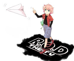 Rule 34 | 00s, 1girl, anita king, casual, green eyes, paper airplane, pink hair, r.o.d the tv, read or die, shiromiso, short hair, shorts, solo, tomboy