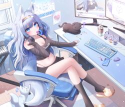 Rule 34 | 1girl, absurdres, animal ears, bare shoulders, black bra, black shirt, black skirt, black socks, blue eyes, bra, bra strap, breasts, candy, chair, cleavage, commission, crop top, crossed legs, food, fox ears, fox girl, fox tail, gaming chair, hand up, headphones, headphones around neck, highleg, highres, honyang, keyboard (computer), kneehighs, lollipop, long hair, long sleeves, looking at viewer, medium breasts, midriff, miniskirt, mouse (computer), mouth hold, navel, off-shoulder shirt, off shoulder, original, panty straps, shirt, sitting, skirt, sleeves past wrists, slippers, socks, solo, stomach, swivel chair, tail, thighs, two side up, underwear, white hair