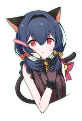 Rule 34 | 1girl, animal ears, bell, black gloves, black shirt, blouse, blue hair, blush, bow, cat ears, cat tail, cat teaser, commentary, gloves, hair between eyes, hair bow, highres, holding, holding toy, idolmaster, idolmaster shiny colors, kemonomimi mode, looking at viewer, morino rinze, necktie, pandasiro, parted lips, polka dot, polka dot bow, polka dot neckwear, red bow, red eyes, shirt, short hair, simple background, sketch, sleeveless, solo, tail, tail bell, tail bow, tail ornament, toy, upper body, white background, wrist cuffs, yellow bow