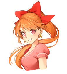 Rule 34 | 1girl, animification, artist name, blossom (ppg), bow, cropped torso, floating hair, hair behind ear, hair bow, highres, juliet sleeves, long hair, long sleeves, orange hair, pink eyes, pink shirt, ponytail, powerpuff girls, puffy sleeves, red bow, shirt, short sleeves, smile, solo, syertse, upper body, white background