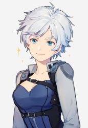 Rule 34 | 1girl, belt, blue eyes, breasts, character request, cleavage, copyright request, highres, long sleeves, looking at viewer, medium breasts, quail0503, short hair, silver hair, simple background, smile, solo, sparkle, standing, upper body, white background