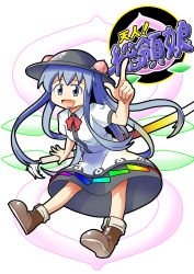 Rule 34 | 1girl, blue eyes, blue hair, bow, cross-laced footwear, female focus, food, fruit, hat, hinanawi tenshi, leaf, long hair, matching hair/eyes, open mouth, peach, roah, short sleeves, solo, sword, sword of hisou, touhou, translation request, very long hair, weapon