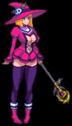 Rule 34 | 1girl, animated, animated gif, blonde hair, blue eyes, bouncing breasts, breasts, center opening, chijoku no troll busters, cleavage, cleavage cutout, clothing cutout, hat, large breasts, lowres, pixel art, red-p, skull, solo, staff, thighhighs, witch, witch hat