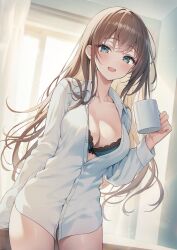 Rule 34 | 1girl, :d, backlighting, blue bra, blue eyes, blush, bottomless, bra, breasts, brown hair, buttons, cleavage, collarbone, collared shirt, commentary, cowboy shot, cup, curtains, dress shirt, highres, holding, holding cup, indoors, kuro futoshi, lace, lace-trimmed bra, lace trim, light particles, long hair, long sleeves, looking at viewer, medium breasts, mug, open clothes, open mouth, open shirt, original, shirt, smile, solo, sunlight, unbuttoned, underwear, white shirt, window