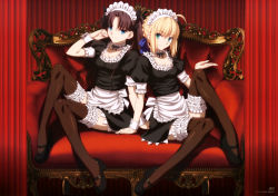 Rule 34 | 2girls, absurdres, ahoge, apron, artoria pendragon (all), artoria pendragon (fate), black hair, black legwear, blonde hair, breasts, choker, cleavage, fate/stay night, fate (series), feet on chair, frilled legwear, frills, full body, green eyes, hair ribbon, highres, leg up, long legs, looking at viewer, maid, maid apron, maid headdress, multiple girls, official alternate costume, official art, ribbon, saber (fate), scan, sitting, smile, takeuchi takashi, thighhighs, tohsaka rin, twintails, two side up, wrist cuffs, zettai ryouiki