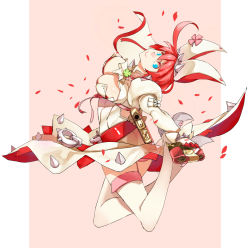 Rule 34 | 1girl, ahoge, arc system works, blue eyes, breasts, bridal veil, cleavage, clover, dress, elphelt valentine, flower, four-leaf clover, garter straps, gloves, guilty gear, guilty gear xrd, gun, high heels, highres, laio, large breasts, looking at viewer, looking back, red hair, rose, short hair, smile, solo, spikes, thighhighs, veil, weapon, wedding dress