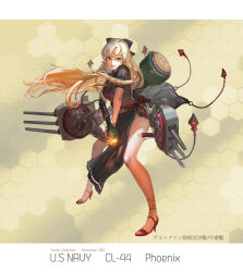 Rule 34 | 10s, 1girl, 2014, artist name, bare legs, belt, black bow, black dress, blonde hair, bow, character name, copyright name, dress, fire, flamethrower, full body, grin, hair bow, high heels, highres, holding, holding weapon, honeycomb (pattern), honeycomb background, honeycomb pattern, jeanex, kantai collection, long hair, machinery, military, military uniform, no panties, original, pacific (kancolle), pink eyes, red eyes, red footwear, shoes, short sleeves, side slit, smile, solo, turret, uniform, united states, uss phoenix (cl-46), weapon, white hair