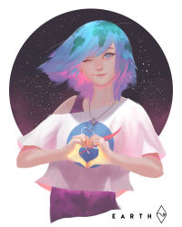 Rule 34 | 1girl, absurdres, blue eyes, blue hair, closed mouth, commentary, earth-chan, fahmi fauzi, gradient hair, green hair, heart, heart hands, highres, jewelry, lips, looking at viewer, multicolored hair, nasa logo, necklace, night, night sky, no pupils, one eye closed, original, pink hair, shirt, short hair, short sleeves, sky, smile, solo, space, star (sky), star (symbol), starry background, starry sky, swept bangs, white shirt