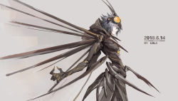 Rule 34 | 1boy, brown headwear, closed mouth, dated, fingernails, frown, grey background, grey eyes, grey hair, headgear, highres, arthropod boy, insect wings, loladestiny, male focus, original, sharp fingernails, signature, solo, standing, wings