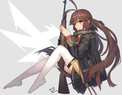 Rule 34 | 1girl, ahoge, antenna hair, battle rifle, black ribbon, black skirt, blush, brown hair, commentary request, dated, full body, girls&#039; frontline, gun, hair between eyes, hair ribbon, holding, holding gun, holding weapon, long hair, looking at viewer, m14, m14 (girls&#039; frontline), m14 (mod3) (girls&#039; frontline), mod3 (girls&#039; frontline), no shoes, over-kneehighs, pleated skirt, ribbon, rifle, sarasa (kanbi), sidelocks, skirt, smile, solo, thighhighs, twintails, twitter username, weapon, white thighhighs, yellow eyes