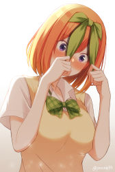 Rule 34 | 1girl, arms up, blush, bow, bowtie, breasts, clothes pull, collared shirt, commentary, go-toubun no hanayome, green bow, green ribbon, hair between eyes, hair ribbon, highres, large breasts, looking down, medium hair, nakano yotsuba, nose blush, orange hair, panna444, purple eyes, ribbon, shirt, short sleeves, simple background, solo, sweater, twitter username, uniform, upper body, white background, white shirt, yellow sweater