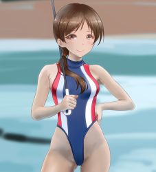 Rule 34 | 1girl, blurry, brown eyes, brown hair, commentary request, competition swimsuit, contrapposto, cowboy shot, depth of field, gluteal fold, hair over shoulder, hand on own hip, highleg, highleg swimsuit, highres, idolmaster, idolmaster cinderella girls, long hair, looking at viewer, low ponytail, nitta minami, one-piece swimsuit, race queen, smile, solo, swimsuit, taka (takahirokun), turtleneck, umbrella