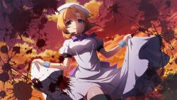 Rule 34 | 1girl, beret, black thighhighs, blood, blood splatter, blue eyes, bow, breasts, cloud, cloudy sky, dress, empty eyes, evening, from below, hat, highres, higurashi no naku koro ni, higurashi no naku koro ni mei, impossible clothes, impossible dress, large bow, long dress, looking at viewer, medium breasts, official art, orange hair, orange sky, outdoors, puffy short sleeves, puffy sleeves, purple bow, ryuuguu rena, short hair, short sleeves, skin tight, skirt hold, sky, smile, solo, standing, sunset, thighhighs, white dress, white hat, wind, wrist cuffs