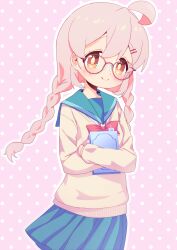 Rule 34 | 1girl, absurdres, ahoge, alternate costume, bespectacled, blue sailor collar, blue skirt, book, bookmark, bow, bowtie, braid, brown eyes, commentary, genderswap, genderswap (mtf), glasses, hair between eyes, hair ornament, hairclip, highres, holding, holding book, hugging object, jacket, light blush, long hair, long sleeves, looking at viewer, mochitsuki kagami, onii-chan wa oshimai!, outline, oyama mahiro, pink background, pink hair, pleated skirt, polka dot, polka dot background, red-framed eyewear, red bow, red bowtie, sailor collar, school uniform, simple background, skirt, smile, solo, twin braids, white outline, yellow jacket