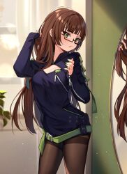 Rule 34 | 1girl, artist name, belt, black pantyhose, blunt bangs, blurry, blush, bokeh, breasts, brown hair, cleavage, cleavage cutout, clothing cutout, commentary, curtains, day, depth of field, dress, english commentary, frown, glasses, green eyes, green nails, hand in own hair, highres, hyanna-natsu, light particles, long hair, looking at viewer, medium breasts, mirror, mole, mole under mouth, original, pantyhose, plant, reflection, short dress, solo, straight hair, sunlight, window