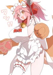Rule 34 | 1girl, akitokage, animal ears, animal hands, apron, bare shoulders, bell, blush, bow, breasts, collar, commentary request, fang, fate/grand order, fate (series), fox ears, fox tail, frilled bow, frills, gloves, hair bow, hair ribbon, highres, holding, huge breasts, large bow, long hair, looking at viewer, naked apron, neck bell, open mouth, paw gloves, pink hair, ponytail, red bow, ribbon, simple background, solo, tail, tamamo (fate), tamamo cat (fate), tamamo cat (third ascension) (fate), thigh strap, translation request, white apron, white background, white bow