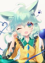 Rule 34 | 1girl, ;o, animal ear fluff, animal ears, blouse, blush, buttons, cat ears, cat tail, commentary, diamond button, eyebrows hidden by hair, fang, frilled shirt collar, frilled sleeves, frills, green eyes, green hair, hair between eyes, hands up, heart, heart of string, kemonomimi mode, komeiji koishi, long sleeves, looking at viewer, medium hair, no headwear, no headwear, one eye closed, open mouth, paw pose, shirt, simple background, skin fang, solo, tail, third eye, touhou, tsukikusa, upper body, white background, wide sleeves, yellow shirt