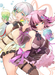 Rule 34 | 2girls, :d, animal ears, aqua eyes, asaikeu, backless dress, backless outfit, bow, breasts, cupitan (granblue fantasy), detached sleeves, dress, drink, drinking, earrings, erune, eyelashes, floppy ears, garter straps, granblue fantasy, hair bow, hair ornament, hands up, highres, holding, holding drink, jewelry, large breasts, long hair, looking at another, manamel, medium hair, multicolored hair, multiple girls, open mouth, pink hair, sleeves past wrists, smile, teeth
