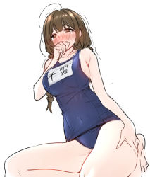 Rule 34 | 1girl, ahoge, bare shoulders, blue one-piece swimsuit, blush, braid, breasts, brown eyes, brown hair, closed mouth, collarbone, covered navel, covering own mouth, fpanda, highres, idolmaster, idolmaster shiny colors, kneeling, kuwayama chiyuki, large breasts, long braid, long hair, looking at viewer, one-piece swimsuit, simple background, solo, swimsuit, thighs, trembling, wavy mouth, white background