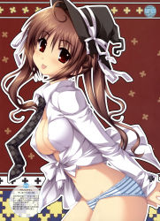 Rule 34 | 1girl, :p, absurdres, alpha (yukai na nakamatachi), blue striped panties, breasts, brown hair, cleavage, dengeki moeou, front-tie top, hair ribbon, hat, highres, leaning forward, long hair, necktie, no bra, no pants, open clothes, open shirt, panties, plaid, plaid necktie, plaid neckwear, red eyes, ribbon, scan, shirt, solo, striped clothes, striped panties, tied shirt, tongue, tongue out, twintails, underwear