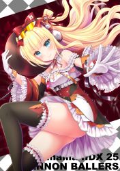 Rule 34 | 1girl, argyle, argyle background, argyle clothes, bare shoulders, beatmania, beatmania iidx, black thighhighs, blonde hair, blue eyes, blush, bow, breasts, closed mouth, dress, eyewear on head, from side, furrowed brow, gloves, hair bow, headphones, highres, himmel (beatmania iidx), holding, long hair, looking at viewer, one side up, record, red bow, ribbon-trimmed choker, ribbon-trimmed legwear, ribbon trim, small breasts, smile, solo, stardrop, sunglasses, thighhighs, twitter username, very long hair, white gloves, wide sleeves