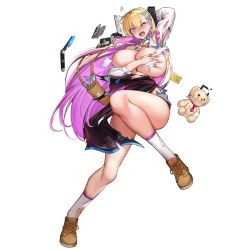 Rule 34 | 1girl, apron, areola slip, battle damage, blonde hair, blush, boots, boryeon (last origin), breasts, brooch, covering breasts, covering privates, earrings, fang, full body, game cg, grabbing own breast, gyaru, heart, heart brooch, highres, huge breasts, jewelry, kirome (kamipaper), kogal, last origin, long hair, mole, mole on breast, necklace, official art, one eye closed, open mouth, purple eyes, purple hair, razor, scissors, shirt, short shorts, shorts, simple background, socks, solo, straight razor, stuffed animal, stuffed toy, tachi-e, teddy bear, torn apron, torn clothes, torn shirt, torn shorts, torn socks, transparent background, triangle hair ornament, very long hair, white socks