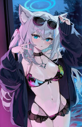 Rule 34 | 1girl, alternate costume, animal ear fluff, animal ears, bare shoulders, bikini, black bikini, black choker, black jacket, blue archive, blue eyes, blue nails, blush, breasts, choker, cowboy shot, extra ears, eyewear on head, frilled bikini, frills, hair between eyes, halo, hand up, highres, jacket, jewelry, kabedoru, light smile, long hair, long sleeves, looking at viewer, medium breasts, multicolored clothes, multicolored swimsuit, nail polish, navel, off shoulder, official alternate costume, open clothes, open jacket, open mouth, outdoors, pink nails, shiroko (blue archive), smile, solo, stomach, sunglasses, swimsuit, very long hair, wolf ears