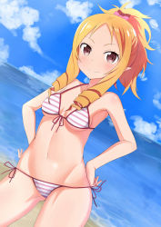 Rule 34 | 10s, 1girl, ayumu (ayumu3659), bad id, bad pixiv id, beach, bikini, blonde hair, blush, bow, breasts, brown eyes, contrapposto, cowboy shot, day, drill hair, dutch angle, eromanga sensei, front-tie bikini top, front-tie top, gluteal fold, hair bow, hands on own hips, long hair, looking at viewer, medium breasts, ocean, outdoors, pink bow, pointy ears, ponytail, red bow, side-tie bikini bottom, smile, solo, standing, striped bikini, striped clothes, swimsuit, twin drills, underboob, water, yamada elf