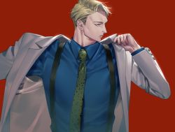 Rule 34 | 1boy, animal print, blonde hair, blue eyes, blue shirt, closed mouth, collared shirt, dressing, expressionless, forehead, formal, green necktie, hand up, jacket, jujutsu kaisen, leopard print, long sleeves, looking to the side, male focus, nanami kento, necktie, open clothes, open jacket, shirt, short hair, solo, suit, suspenders, tenobe, upper body, white jacket
