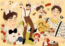Rule 34 | 1boy, animal, animal ears, animalization, arm behind head, black bow, black bowtie, black footwear, bouquet, bow, bowtie, brown eyes, brown hair, brown pants, chengongzi123, chibi, closed eyes, collared shirt, commentary, flower, food, fruit, full body, glasses, hands up, highres, holding, holding bouquet, kemonomimi mode, kogure kiminobu, long sleeves, looking at viewer, male focus, multiple views, open mouth, pants, rabbit, rabbit boy, rabbit ears, red bow, red bowtie, rose, round eyewear, shirt, shoes, short hair, simple background, slam dunk (series), standing, strawberry, striped clothes, striped shirt, sunflower, suspenders, symbol-only commentary, upper body, very short hair, white flower, white rose, yellow background, yellow bow, yellow bowtie