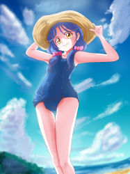 Rule 34 | 1girl, beach, blue sky, blue one-piece swimsuit, brown eyes, covered navel, cowboy shot, day, forest, from below, hat, kamonan (pixiv id 1430057), long hair, looking down, nature, ocean, one-piece swimsuit, outdoors, precure, purple hair, sand, school swimsuit, sky, smile, sun hat, suzumura sango, swimsuit, tree, tropical-rouge! precure, twintails