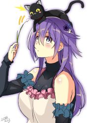 Rule 34 | 1girl, absurdres, anemone (flower knight girl), animal, animal on head, apron, artist request, bad id, bad twitter id, bare shoulders, blush, rabbit hair ornament, cat, cat on head, commentary request, dated, detached sleeves, flower, flower knight girl, hair flower, hair ornament, highres, looking up, on head, purple eyes, purple hair, sketch, upper body, white background