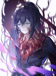 Rule 34 | 1boy, arm up, black vest, blood, blue hair, body horror, bonno sasu, clenched teeth, e.g.o (project moon), extra teeth, flesh, high ponytail, highres, hong lu (project moon), limbus company, long hair, male focus, project moon, sidelocks, simple background, solo, teeth, very long hair, vest, wayward passenger, white background