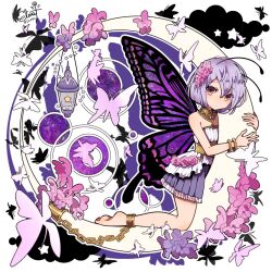 Rule 34 | 1girl, barefoot, bracelet, bug, butterfly, butterfly wings, chain, crescent, elina (e2n04n), frills, hair ornament, insect, insect wings, jewelry, lantern, original, purple eyes, short hair, solo, wings