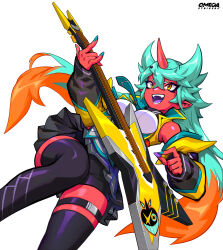 Rule 34 | 1girl, absurdres, black skirt, black thighhighs, breasts, colored skin, colored tongue, electric guitar, fingernails, green hair, guitar, hair ornament, heart, heart hair ornament, highres, holding, holding instrument, horns, instrument, jacket, jimbobox, liyart, logo, medium breasts, multicolored hair, nail polish, necktie, official art, omega strikers, open mouth, orange eyes, orange hair, plectrum, purple tongue, red skin, shoes, simple background, single horn, skirt, solo, thighhighs, two-tone hair, vyce (omega strikers), white background