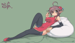 Rule 34 | 1girl, ahoge, between fingers, black thighhighs, brown hair, china dress, chinese clothes, detached sleeves, dress, eating, elbow gloves, elf, gloves, goma, green background, hair ornament, hairclip, holding, mutsutake, original, pillow, pointy ears, red dress, red footwear, shoes, simple background, solo, thighhighs