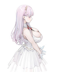 Rule 34 | 1girl, azur lane, blunt bangs, breasts, cleavage, clover hair ornament, from side, hair ornament, highres, huge breasts, light purple hair, long hair, ohisashiburi, plymouth (azur lane), purple eyes, simple background, solo, white background