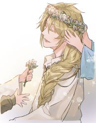 Rule 34 | 1boy, :d, aglovale (granblue fantasy), blonde hair, braid, closed eyes, collared shirt, flower, flower wreath, granblue fantasy, hair between eyes, hair over shoulder, hand on another&#039;s head, head tilt, head wreath, highres, holding, holding flower, lens flare, lower teeth only, male focus, open mouth, out of frame, pink flower, shirt, simple background, single braid, smile, solo focus, teeth, tokikane mikan, upper body, white flower, white shirt