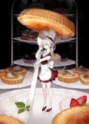 Rule 34 | 1girl, absurdres, animal ears, colored skin, dress, food, fork, highres, maid, original, ozyako, pale skin, ponytail, red eyes, solo, sweets, tail, white hair, white skin