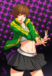Rule 34 | 1girl, belt, brown hair, cowboy shot, feguimel, high collar, highres, looking at viewer, midriff, navel, open mouth, persona, persona 4, persona 4: dancing all night, persona dancing, satonaka chie, skirt, solo, standing, stomach