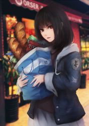 Rule 34 | 1girl, bag, black hair, bread, commentary request, food, highres, holding, holding bag, looking at viewer, original, red eyes, shimmer, short hair, skirt, solo, standing