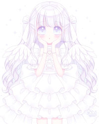 Rule 34 | 1girl, :o, angel wings, blue eyes, blush, commentary request, dress, hands on own face, hands up, highres, himetsuki luna, layered dress, long hair, looking at viewer, original, parted lips, pleated dress, puffy short sleeves, puffy sleeves, short sleeves, signature, silver hair, simple background, solo, sparkle, standing, twitter username, two side up, very long hair, white background, white dress, white wings, wings