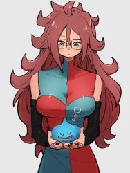Rule 34 | 1girl, android 21, black nails, blue eyes, breasts, checkered clothes, checkered dress, crossover, dragon ball, dragon ball fighterz, dragon quest, dress, earrings, fingernails, glasses, grey background, greyscale, hair between eyes, hoop earrings, jewelry, kemachiku, large breasts, long hair, looking down, monochrome, nail polish, red hair, simple background, slime (dragon quest), solo