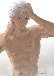 Rule 34 | 1boy, abs, archer (fate), armpit hair, armpits, collarbone, dark-skinned male, dark skin, fate/stay night, fate (series), gradient background, grey background, grey hair, hair slicked back, hand in own hair, hands up, highres, male focus, mondi hl, navel, nipples, parted lips, short hair, simple background, solo, twitter username, upper body, wet, white hair
